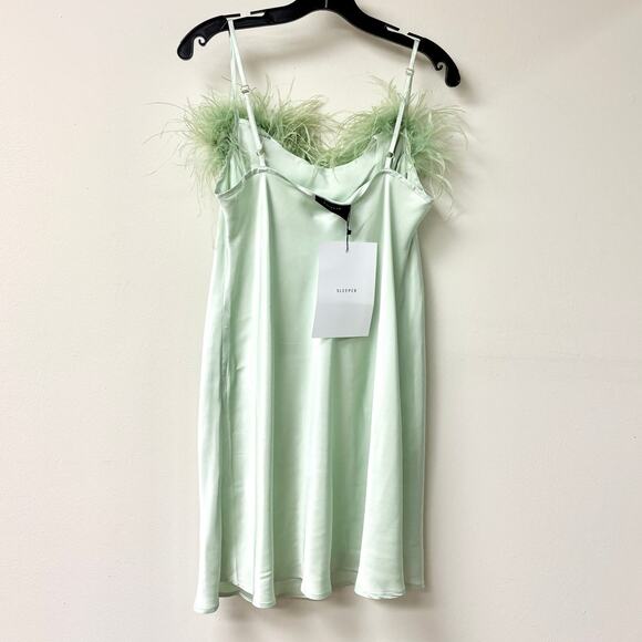 NWT Sleeper Boheme Feather-Trim Mini Slip Dress Mint Green Women's Size L - Picture 3 of 5